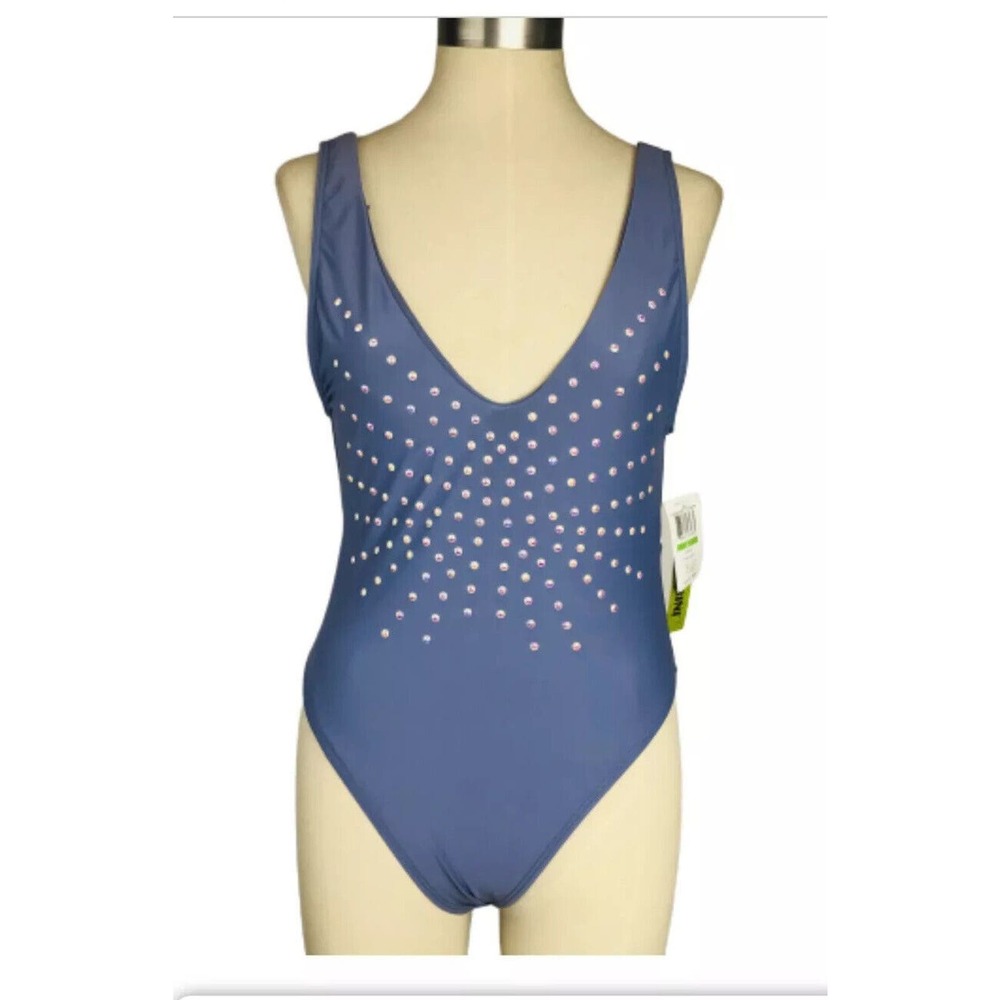 Gianni Bini Swimsuit Sz Large Blue Pearl Embellished Backless Plunge Neck NEW